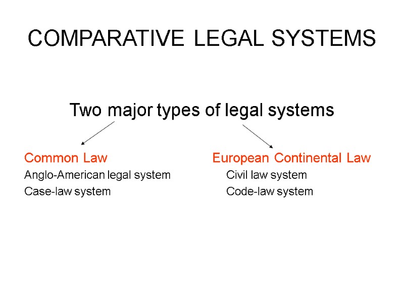 COMPARATIVE LEGAL SYSTEMS  Two major types of legal systems  Common Law 